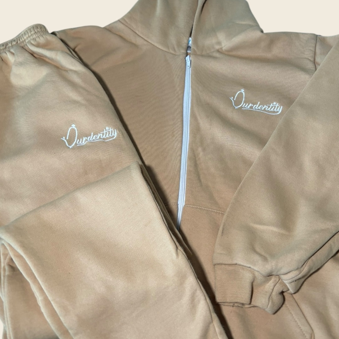 Caramel Zip Tracksuit with Open Ankle Bottoms