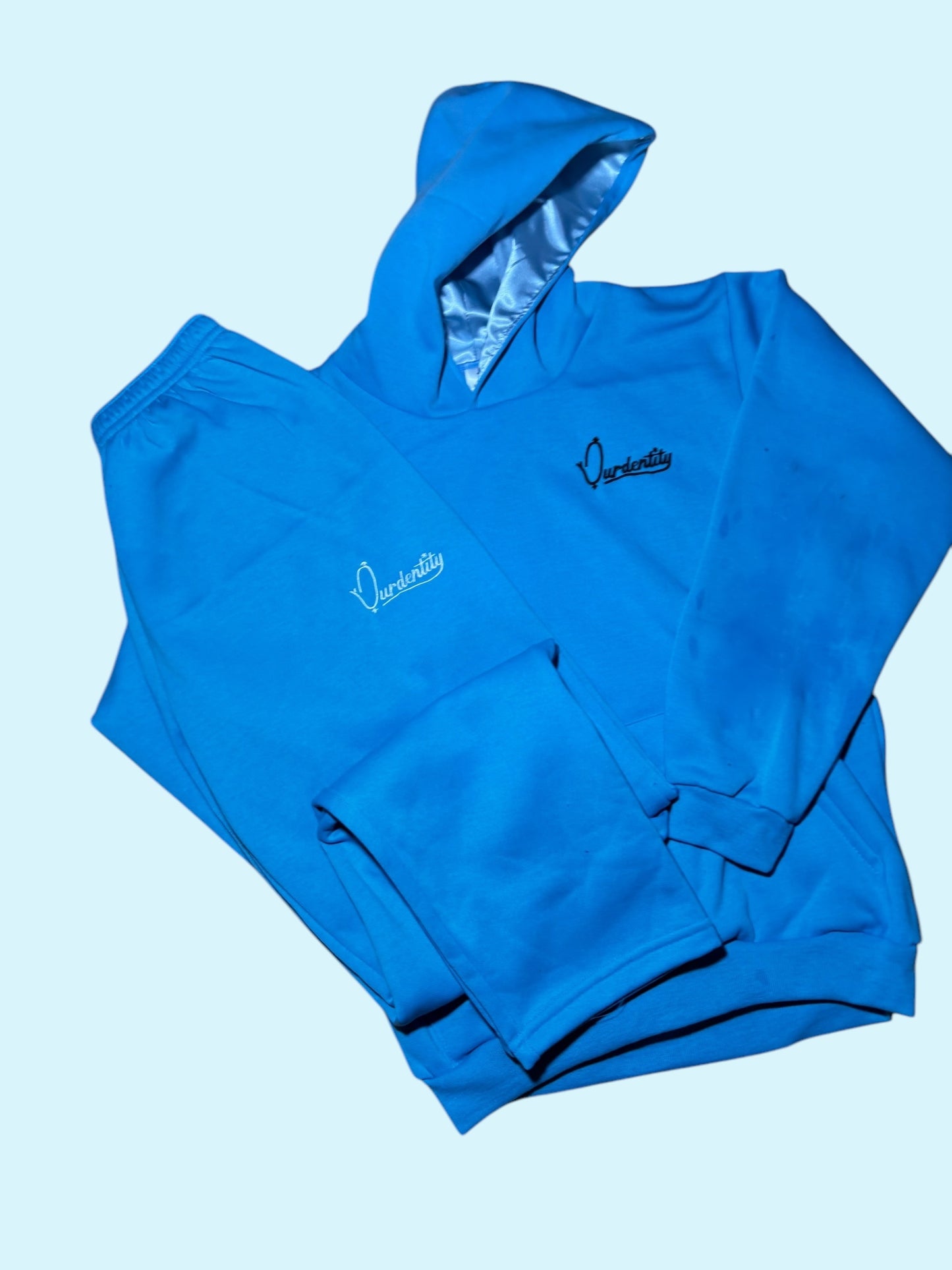 Sky Blue Overhead Tracksuit with Satin Lined Hood and Open Ankle Bottoms