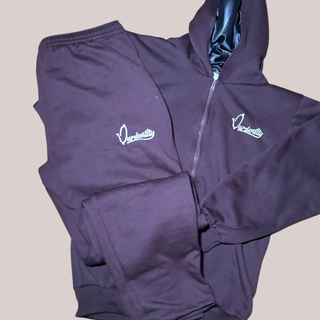 Brown Zip Tracksuit with Satin Lined Hood and Open Ankle Bottoms