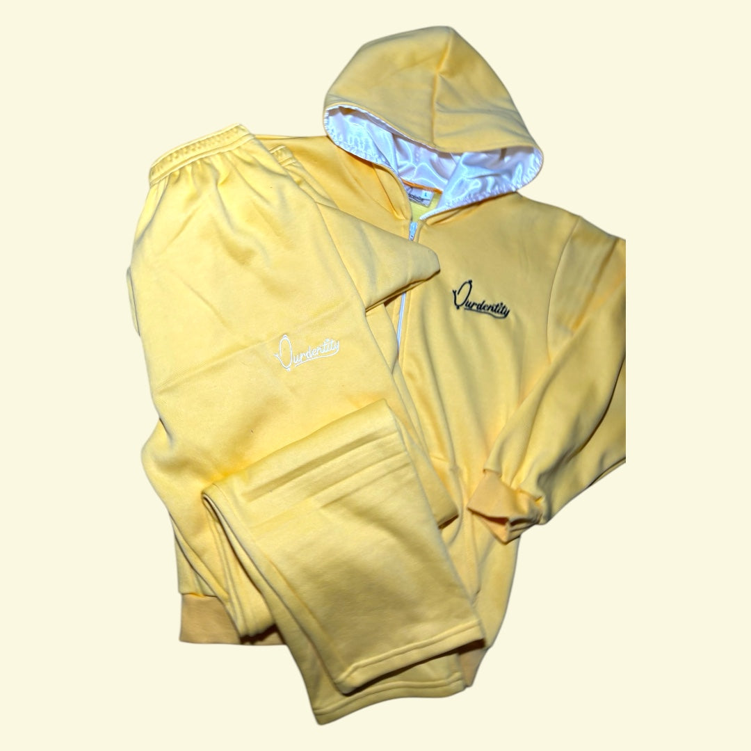 Yellow Zip Tracksuit with Satin Lined Hood and Open Ankle Bottoms