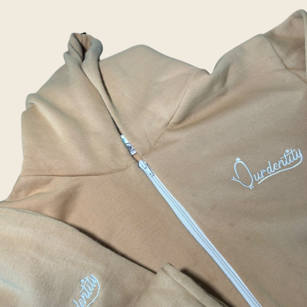 Caramel Zip Tracksuit with Satin Lined Hood and Cuffed Bottoms
