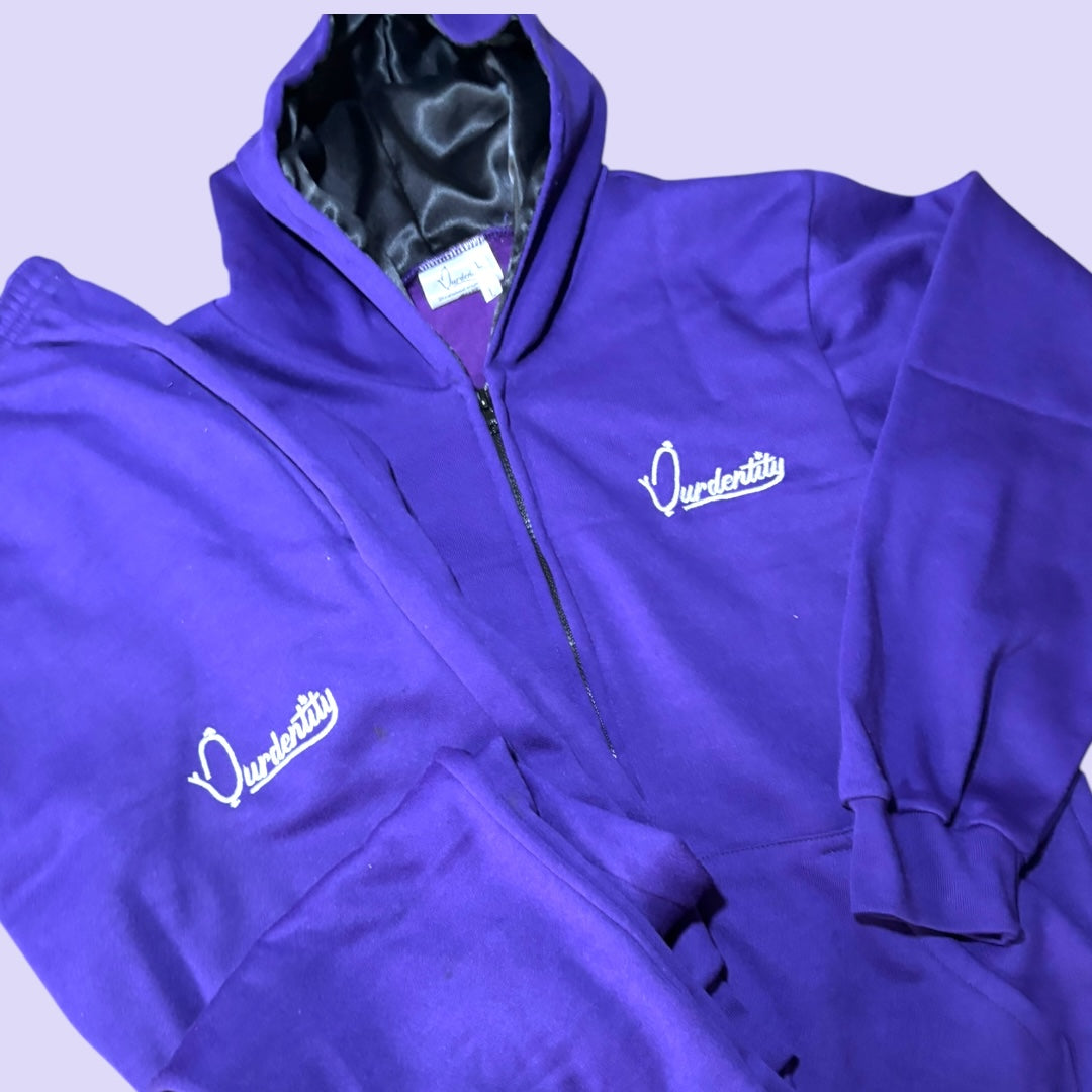 Purple Zip Tracksuit with Satin Lined Hood and Open Ankle Bottoms