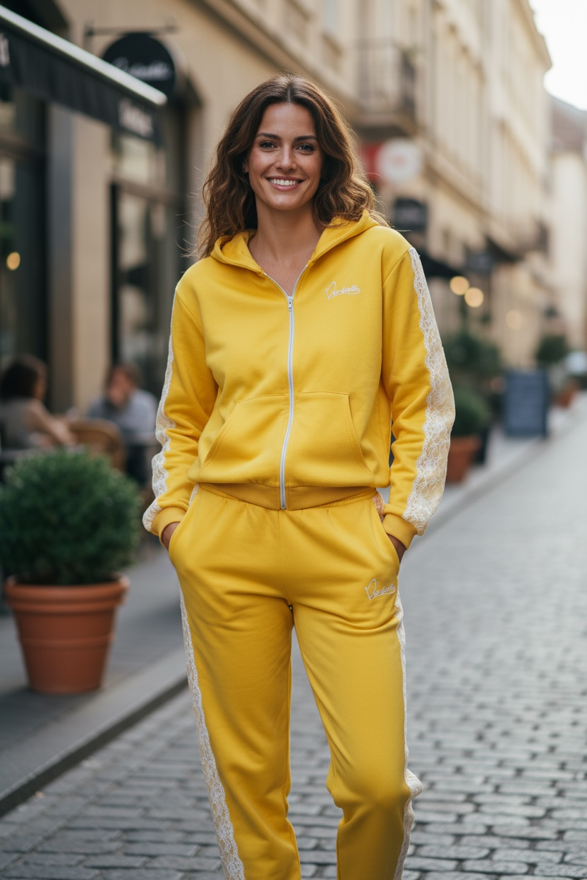 Yellow Tracksuit with Lace Detailing and Satin Lined Hood