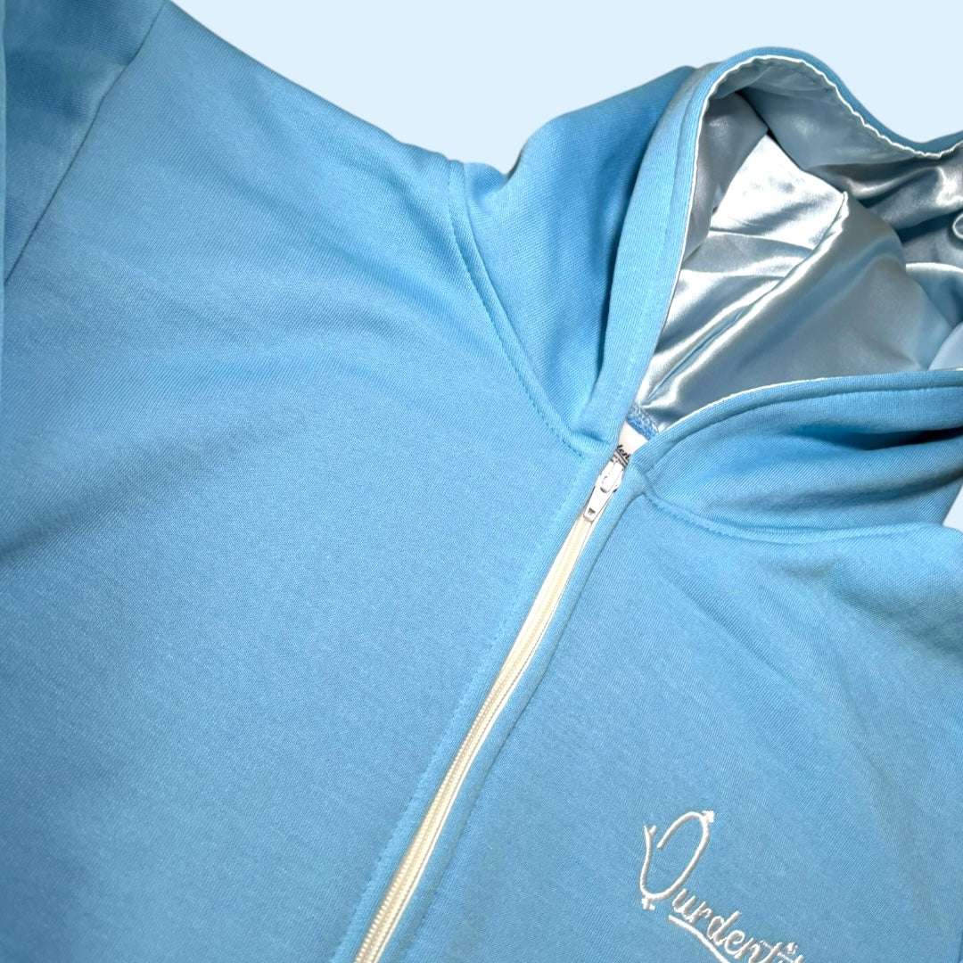 Sky Blue Zip Tracksuit with Satin Lined Hood and Open Ankle Bottoms