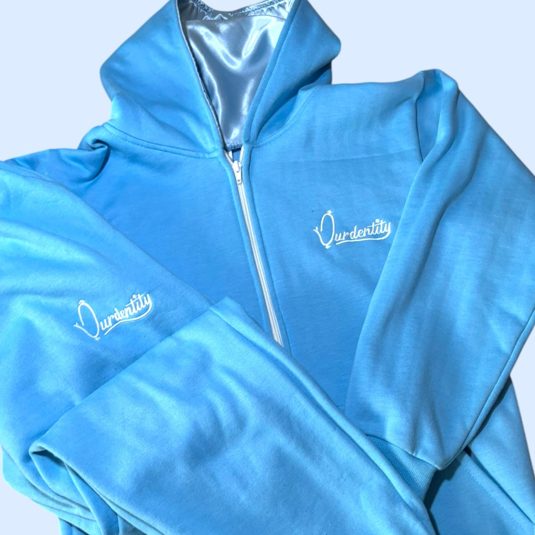 Sky Blue Zip Tracksuit with Satin Lined Hood and Open Ankle Bottoms