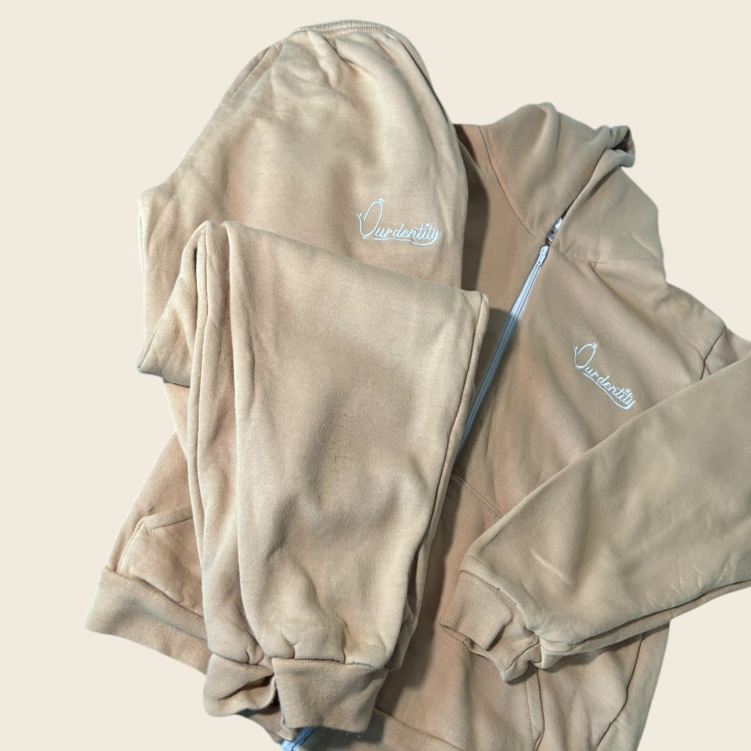 Caramel Zip Tracksuit with Satin Lined Hood and Cuffed Bottoms
