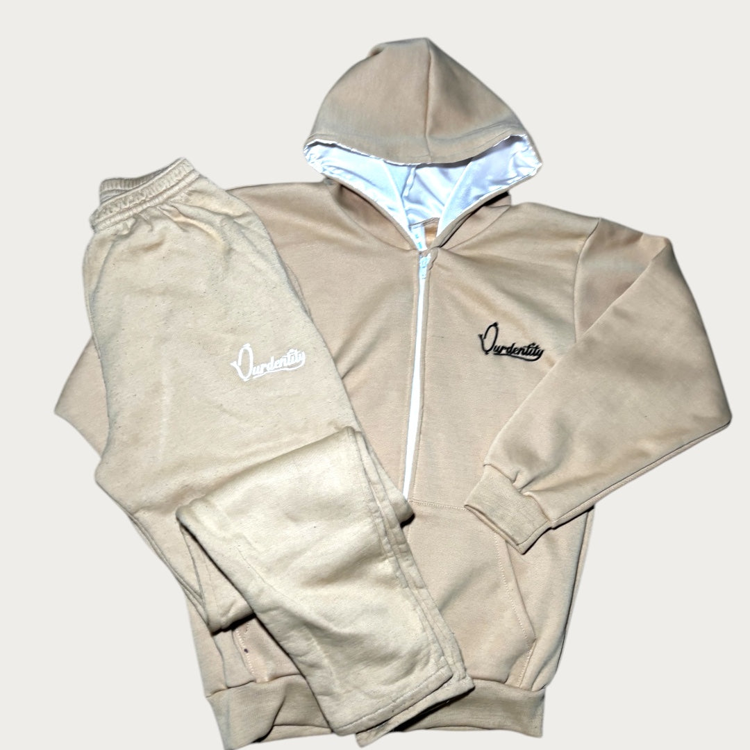 Caramel Zip Tracksuit with Satin Lined Hood and Open Ankle Bottoms