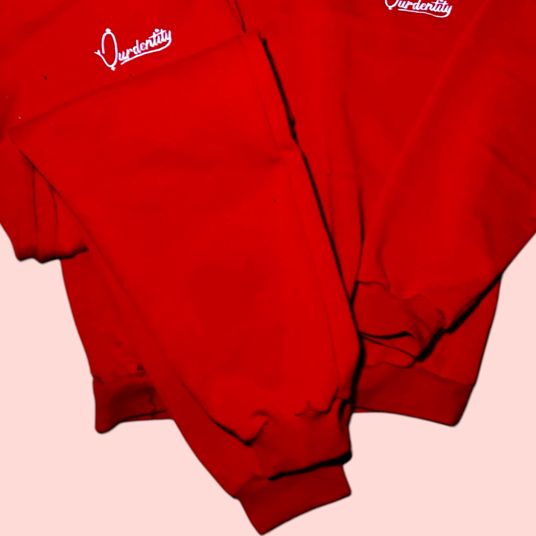Red Overhead Tracksuit with Satin Lined Hood and Cuffed Bottoms