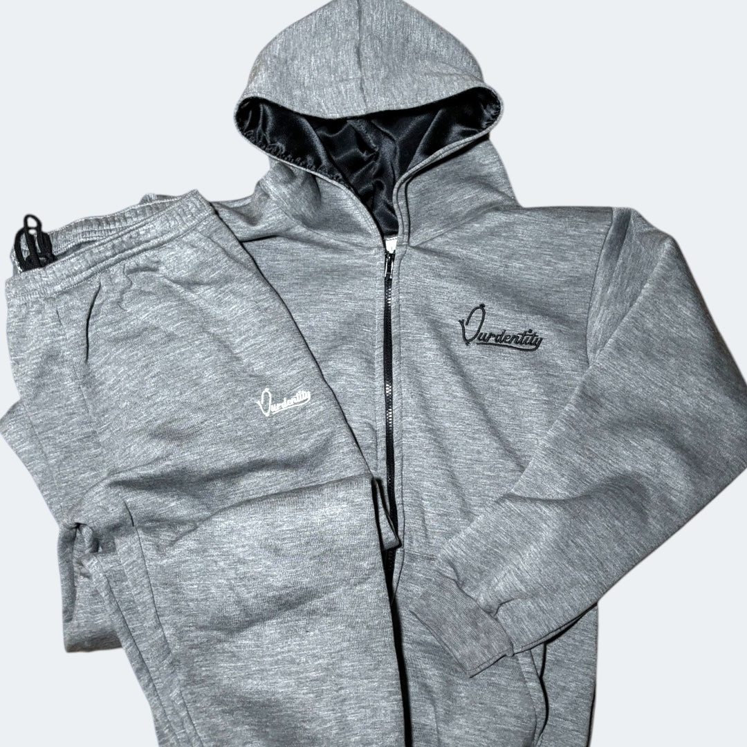 Smoke Grey Zip Tracksuit with Satin Lined Hood and Cuffed Bottoms