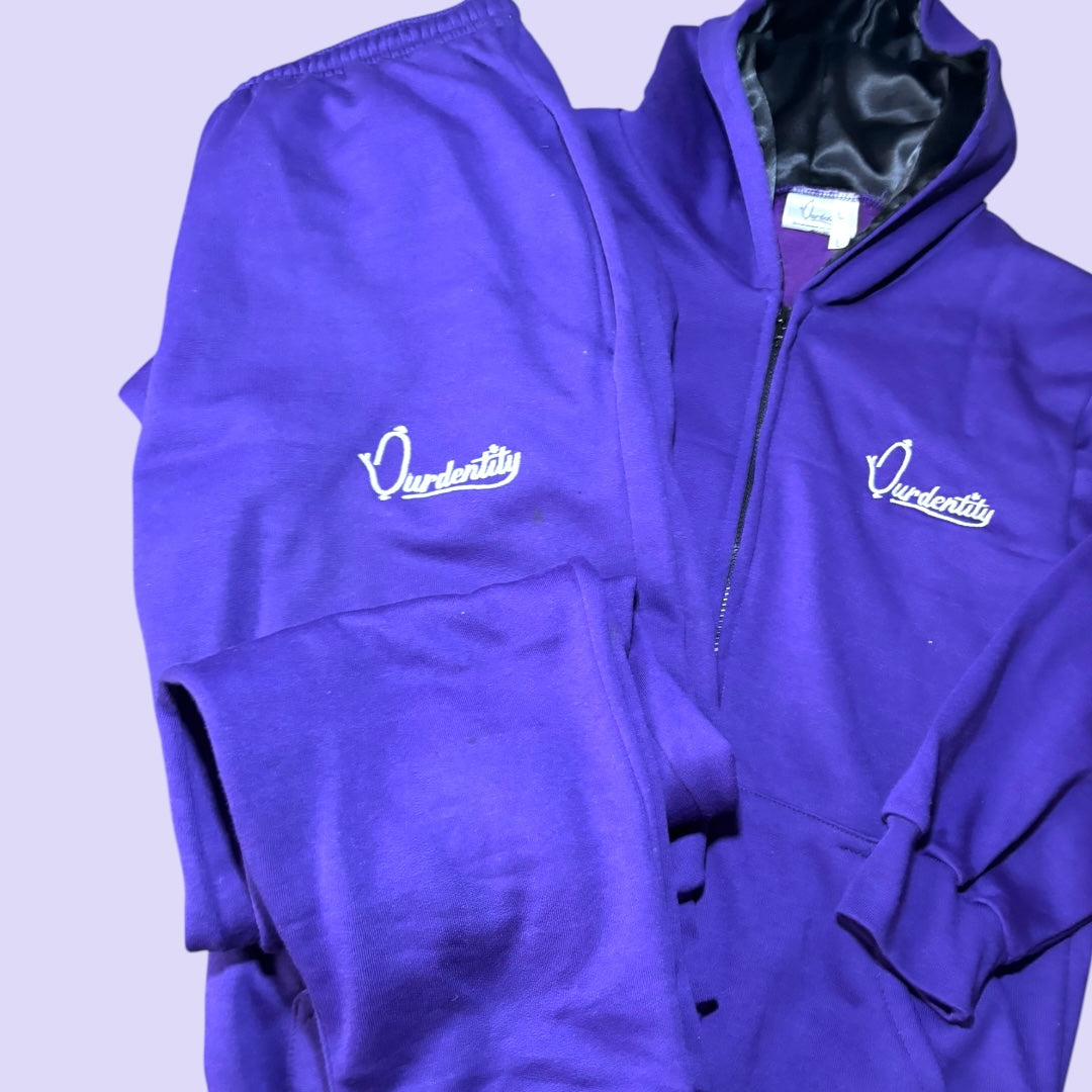 Purple Zip Tracksuit with Satin Lined Hood and Open Ankle Bottoms