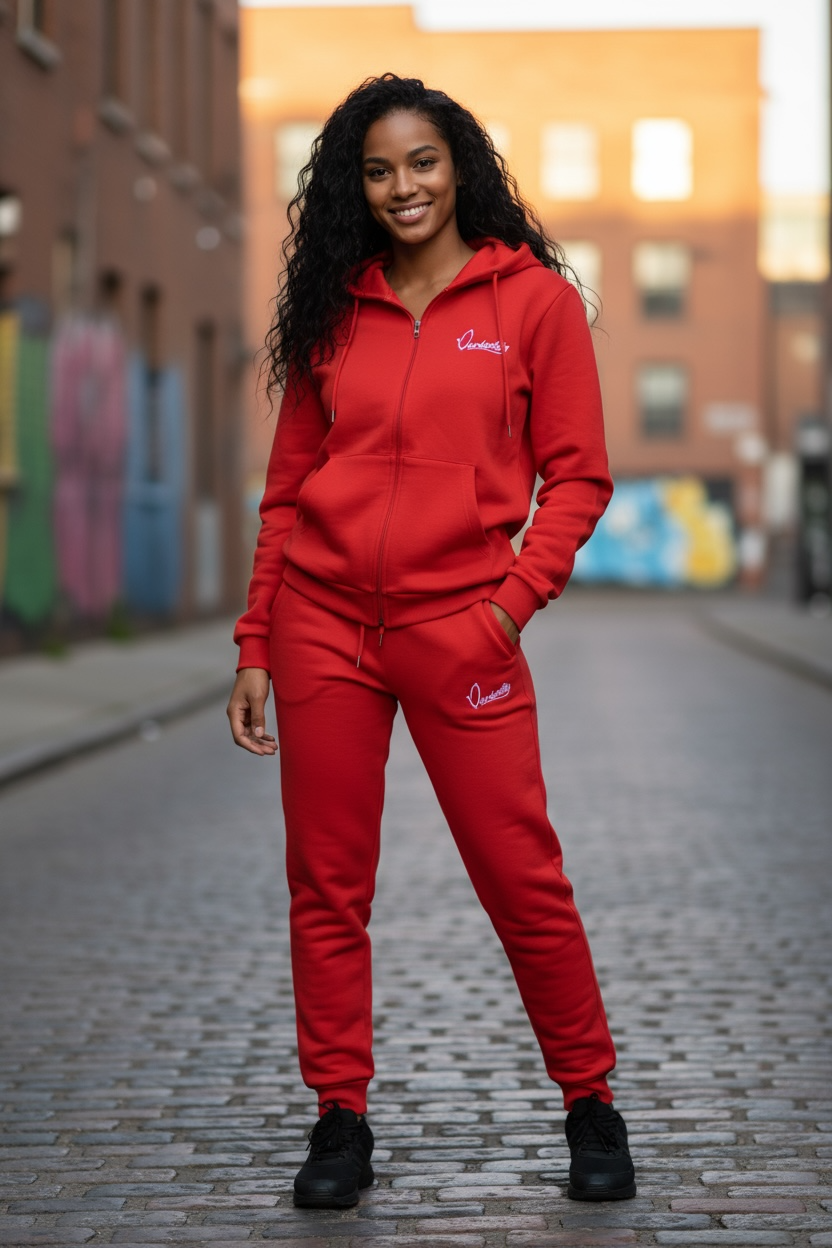 Red Zip Tracksuit with Satin Lined Hood and Open Ankle Bottoms