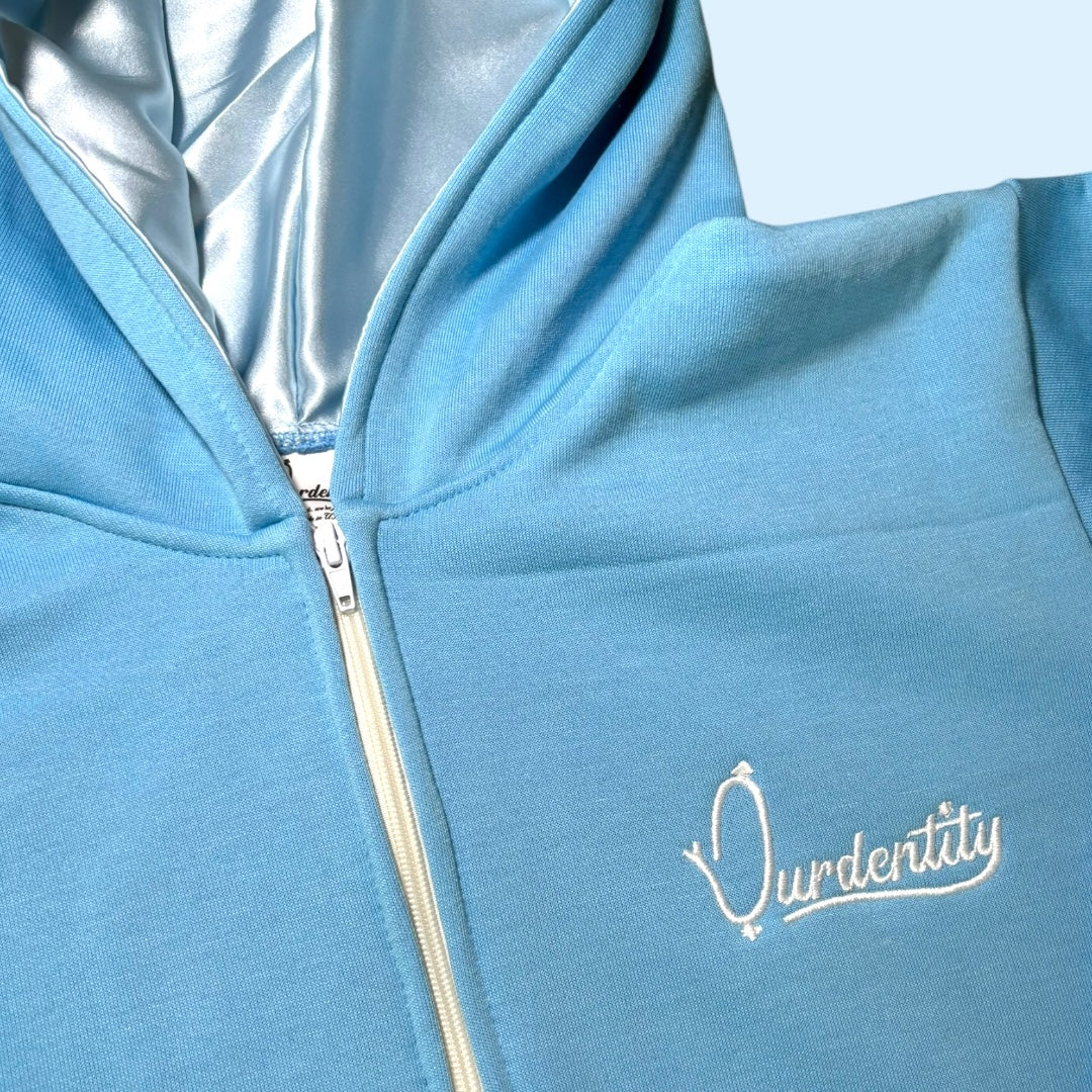 Sky Blue Zip Tracksuit with Satin Lined Hood and Cuffed Bottoms