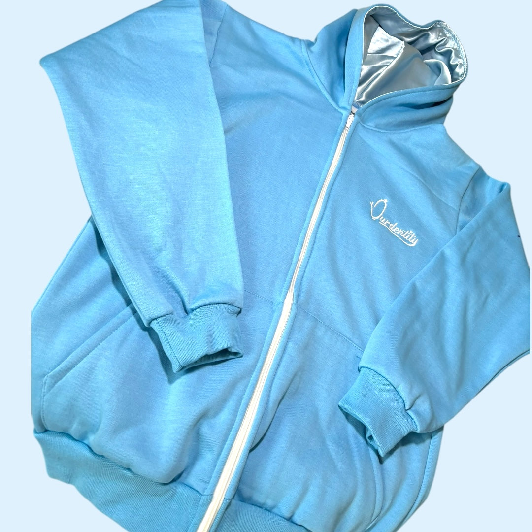 Sky Blue Zip Tracksuit with Satin Lined Hood and Open Ankle Bottoms