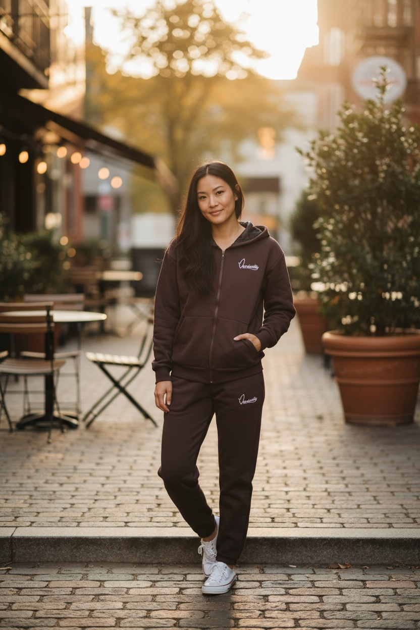 Brown Zip Tracksuit with Satin Lined Hood and and Cuffed Bottoms