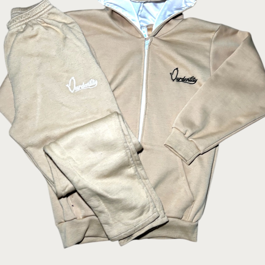 Caramel Zip Tracksuit with Satin Lined Hood and Open Ankle Bottoms