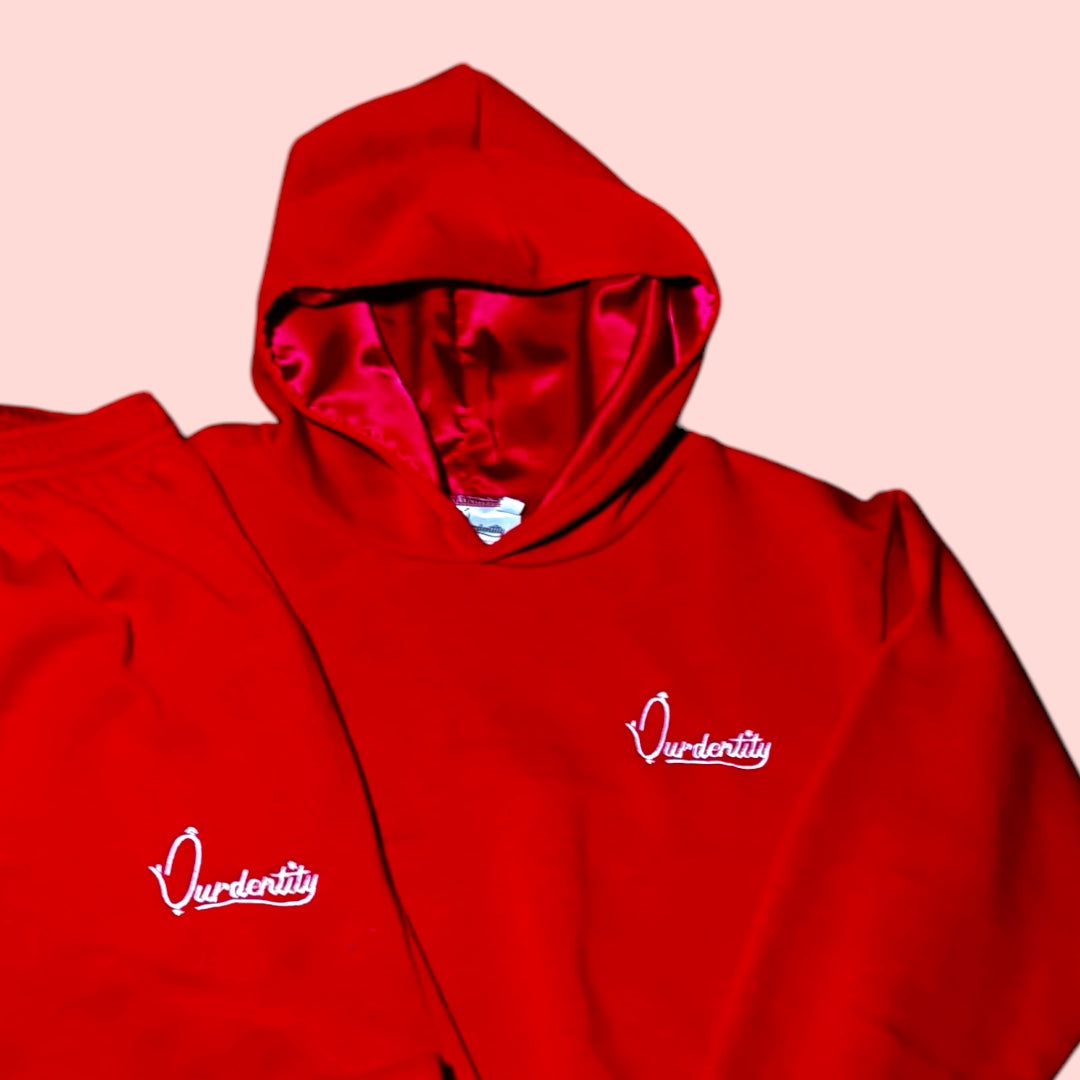 Red Overhead Tracksuit with Satin Lined Hood and Open Ankle Bottoms