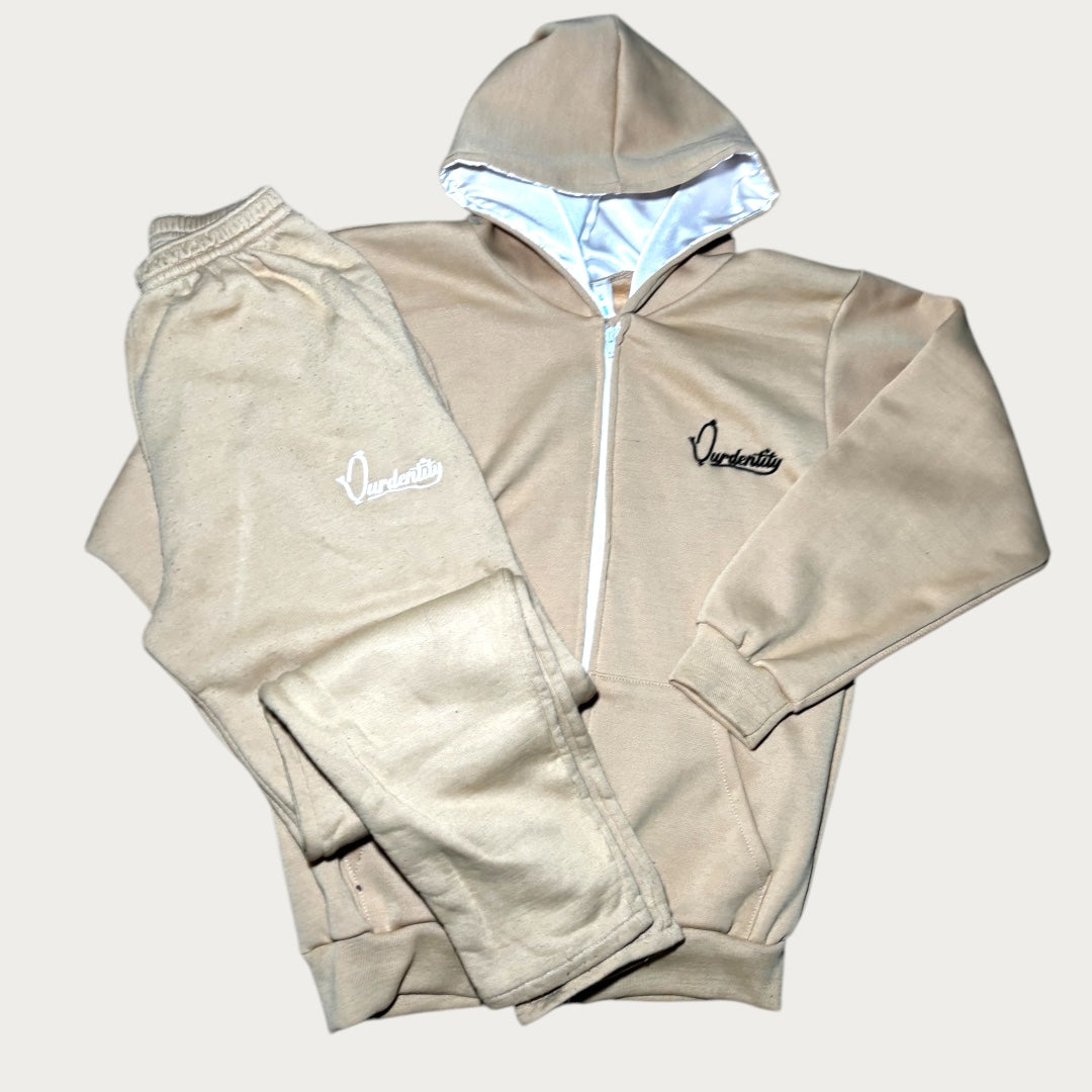 Caramel Zip Tracksuit with Satin Lined Hood and Open Ankle Bottoms