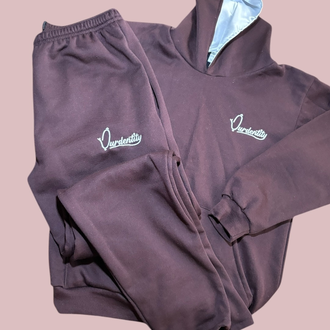 Brown Overhead Tracksuit with Satin Lined Hood and Open Ankle Bottoms