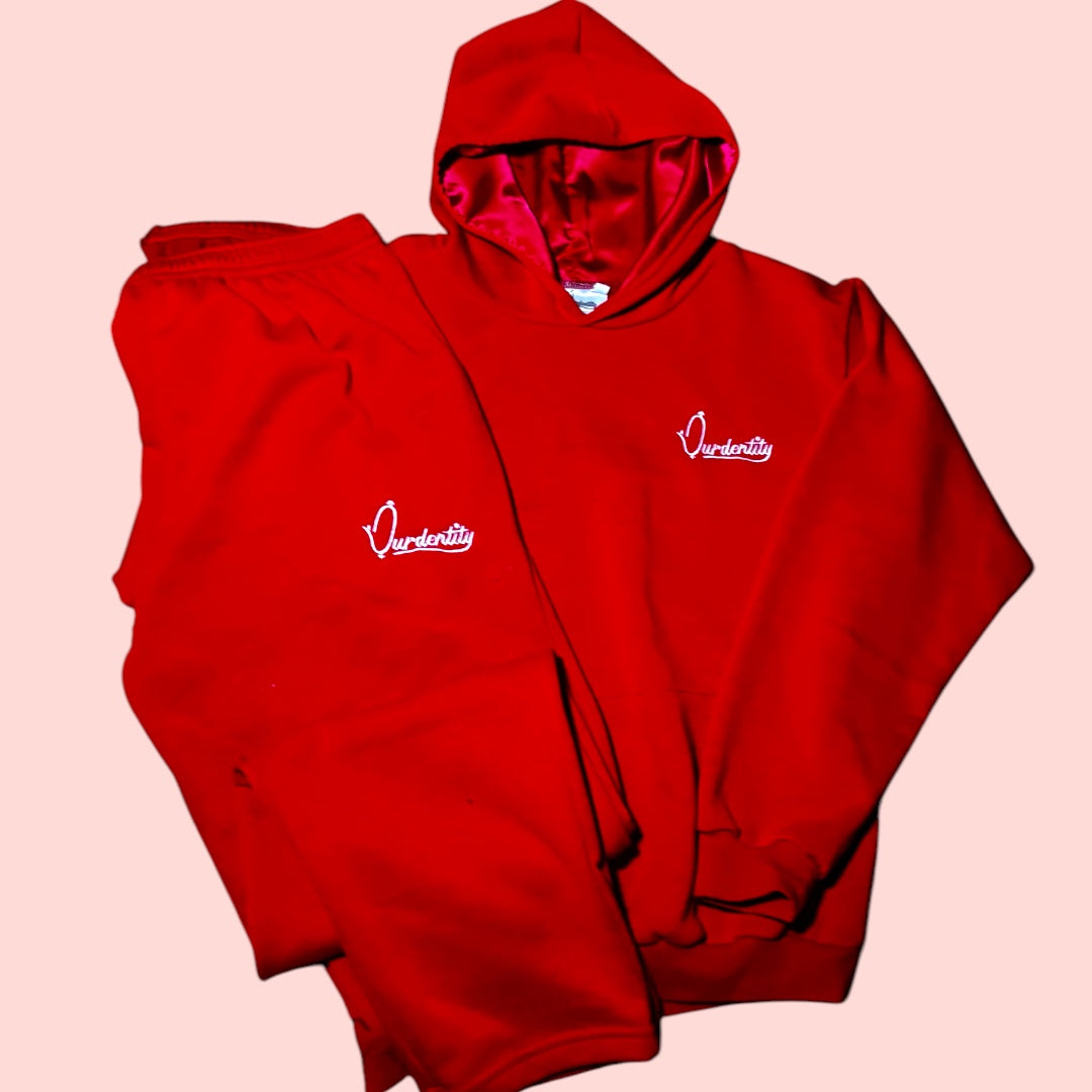 Red Overhead Tracksuit with Satin Lined Hood and Open Ankle Bottoms