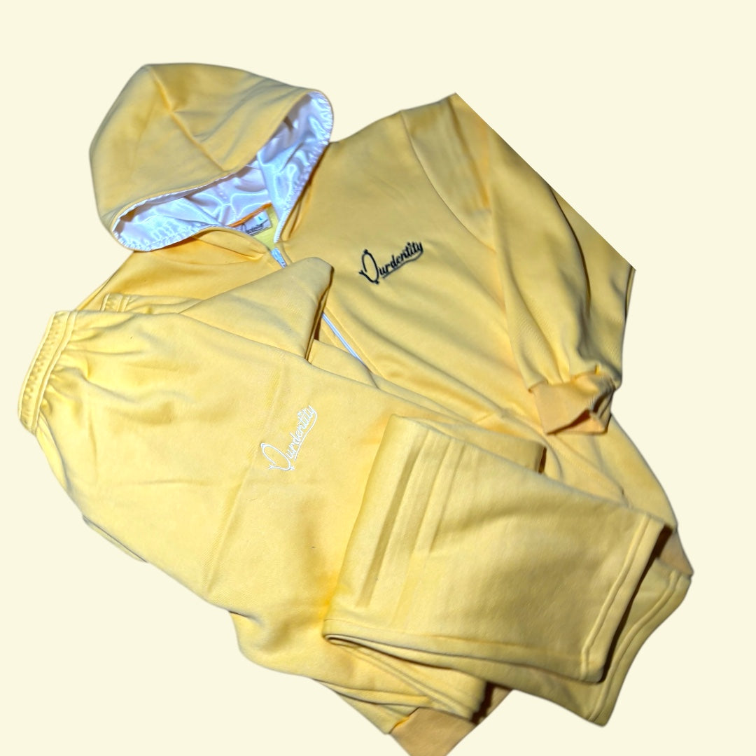 Yellow Zip Tracksuit with Satin Lined Hood and Open Ankle Bottoms