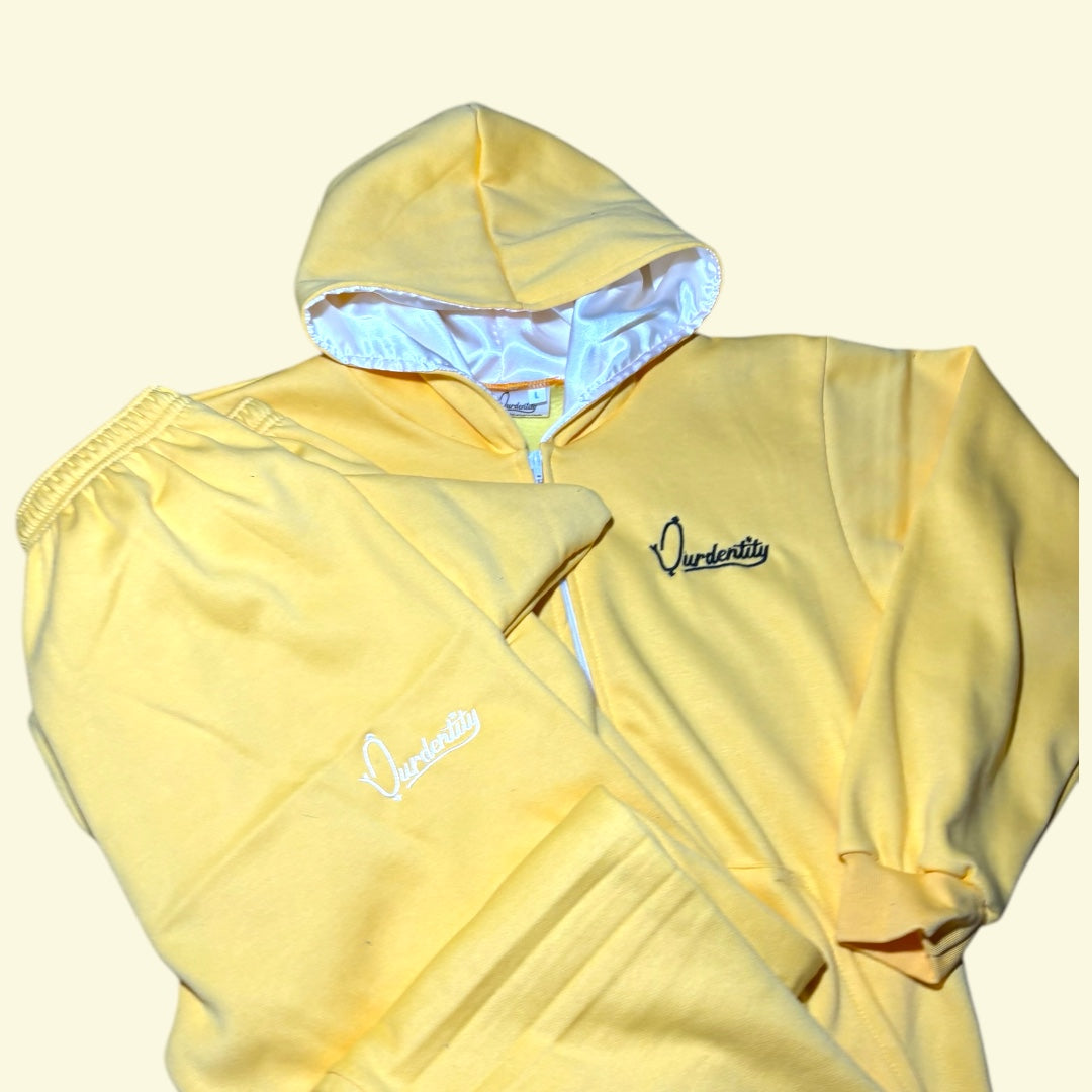 Yellow Zip Tracksuit with Satin Lined Hood and Open Ankle Bottoms