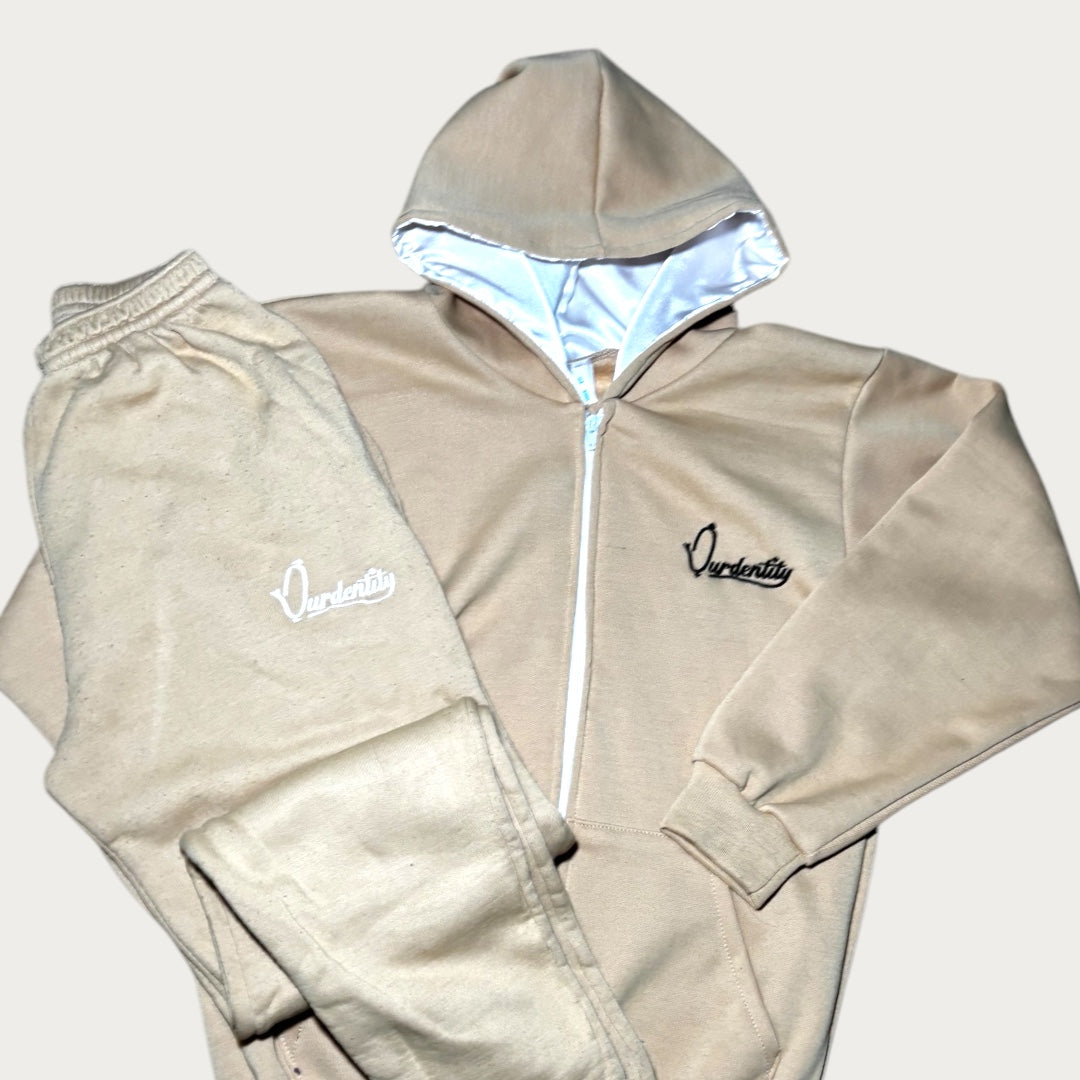 Caramel Zip Tracksuit with Satin Lined Hood and Open Ankle Bottoms