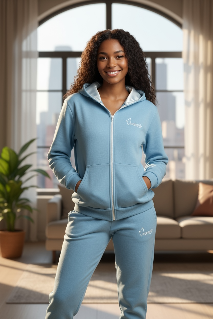 Sky Blue Zip Tracksuit with Satin Lined Hood and Open Ankle Bottoms