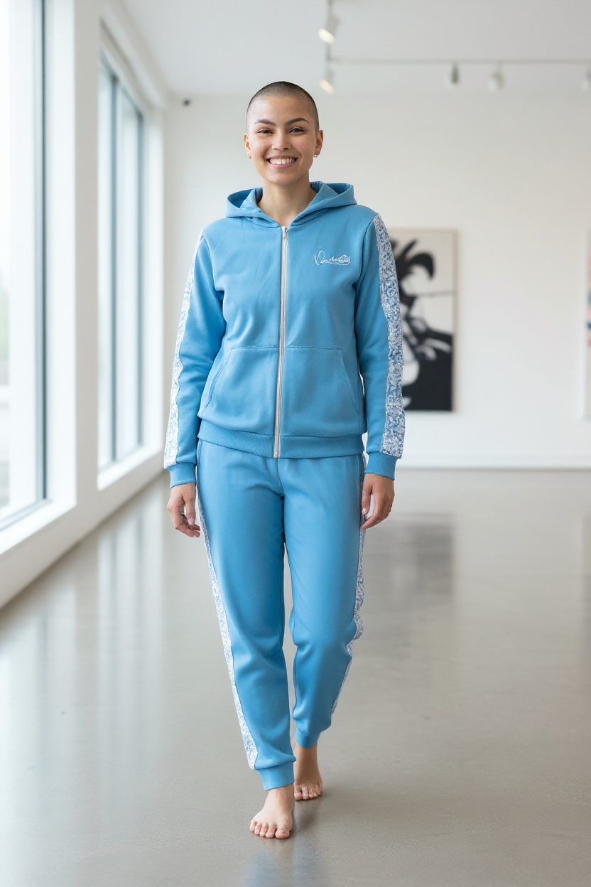 Sky Blue Tracksuit with Lace Detailing and Satin Lined Hood