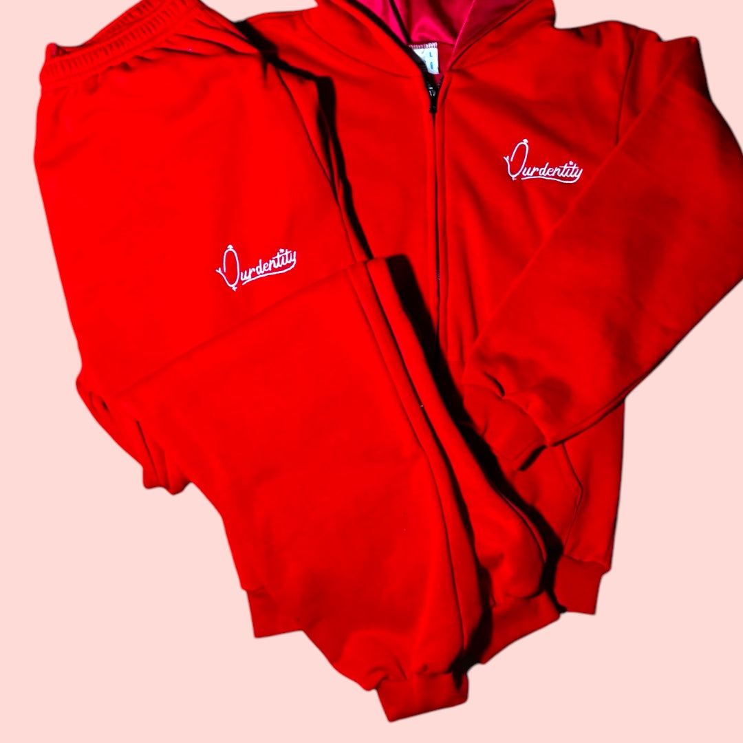 Red Zip Tracksuit with Satin Lined Hood and Cuffed Bottoms