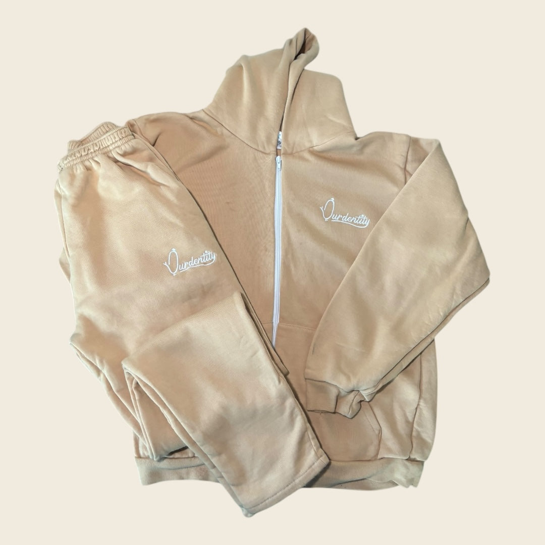 Caramel Zip Tracksuit with Open Ankle Bottoms