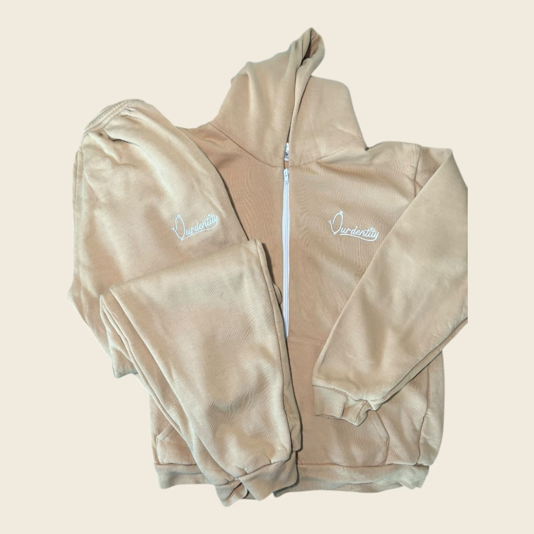 Caramel Zip Tracksuit with Satin Lined Hood and Cuffed Bottoms