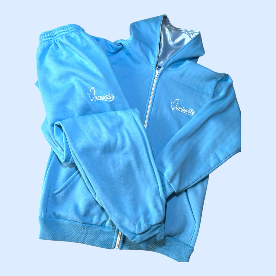 Sky Blue Zip Tracksuit with Satin Lined Hood and Cuffed Bottoms