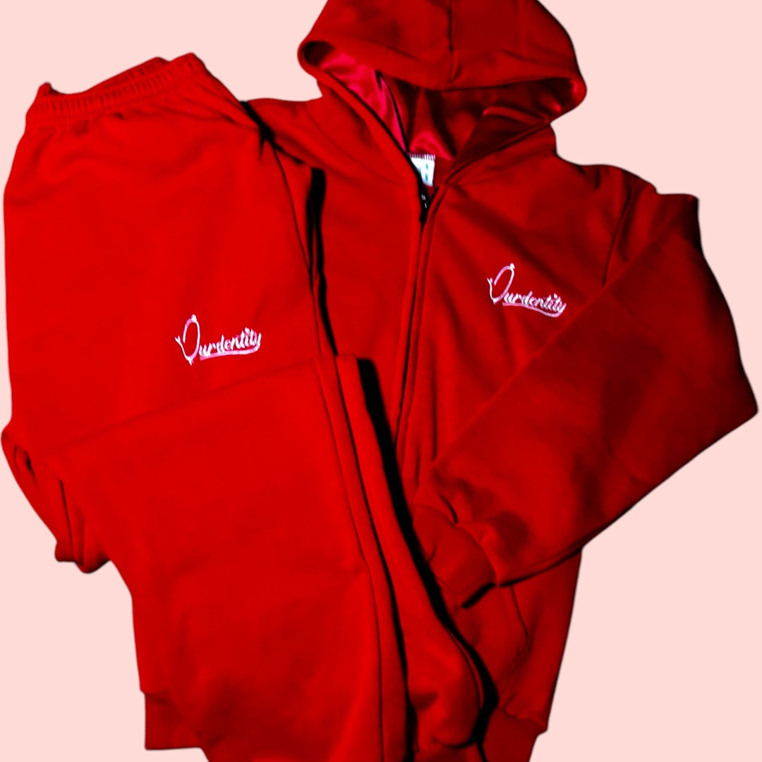 Red Zip Tracksuit with Satin Lined Hood and Cuffed Bottoms