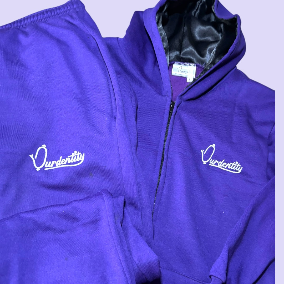 Purple Zip Tracksuit with Satin Lined Hood and Open Ankle Bottoms