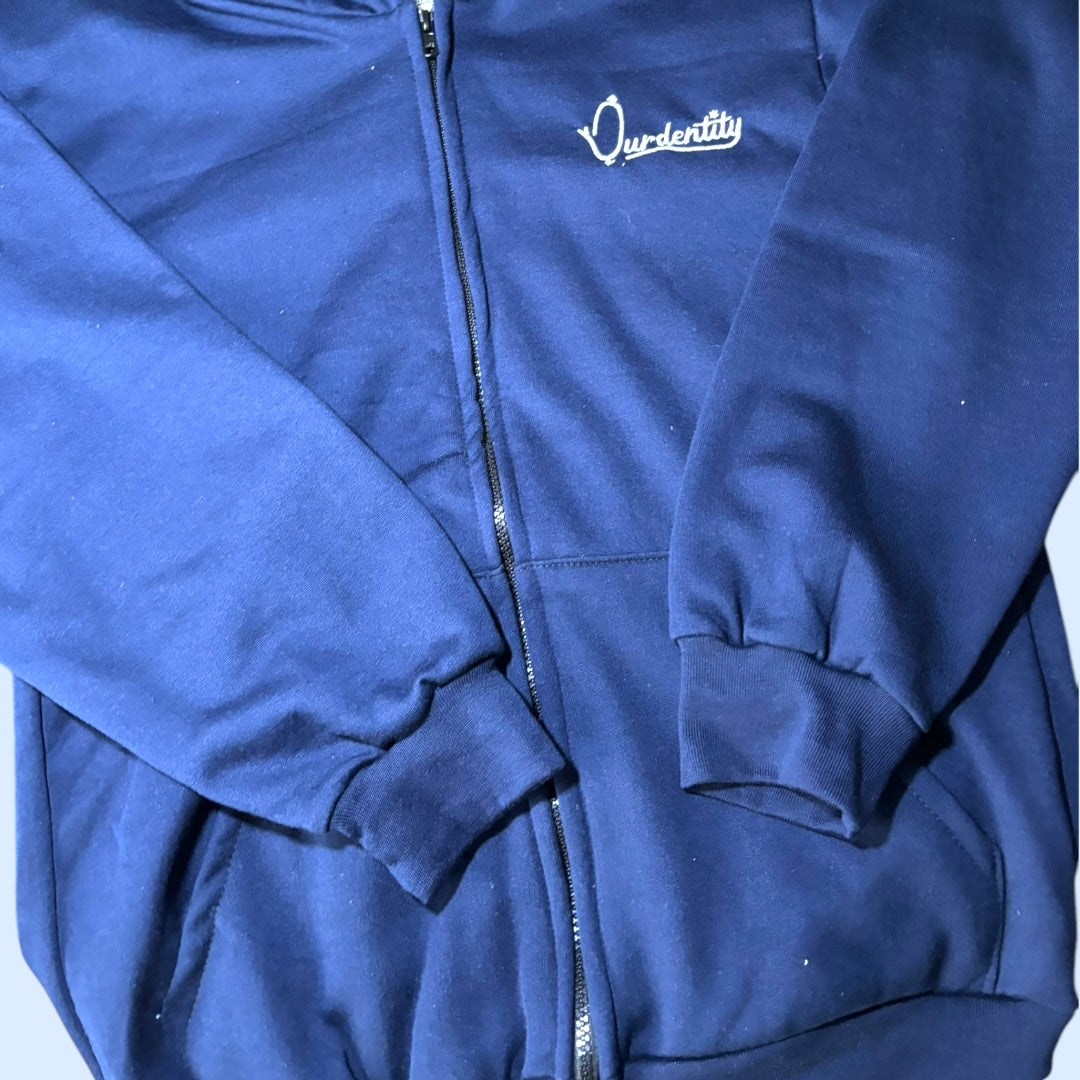 Navy Blue Zip Tracksuit with Satin Lined Hood and Open Ankle Bottoms