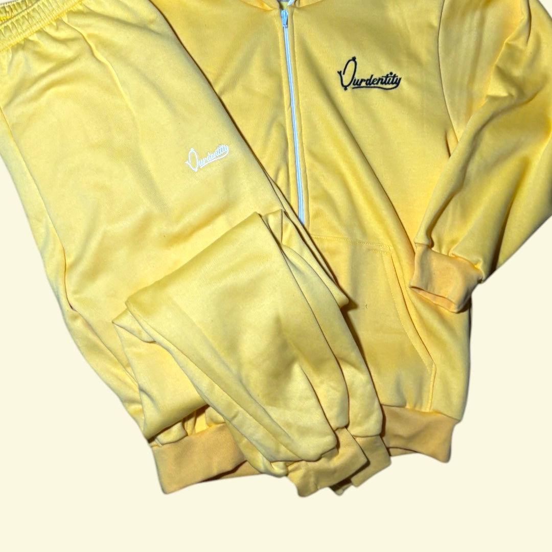 Yellow Zip Tracksuit with Satin Lined Hood and Cuffed Bottoms