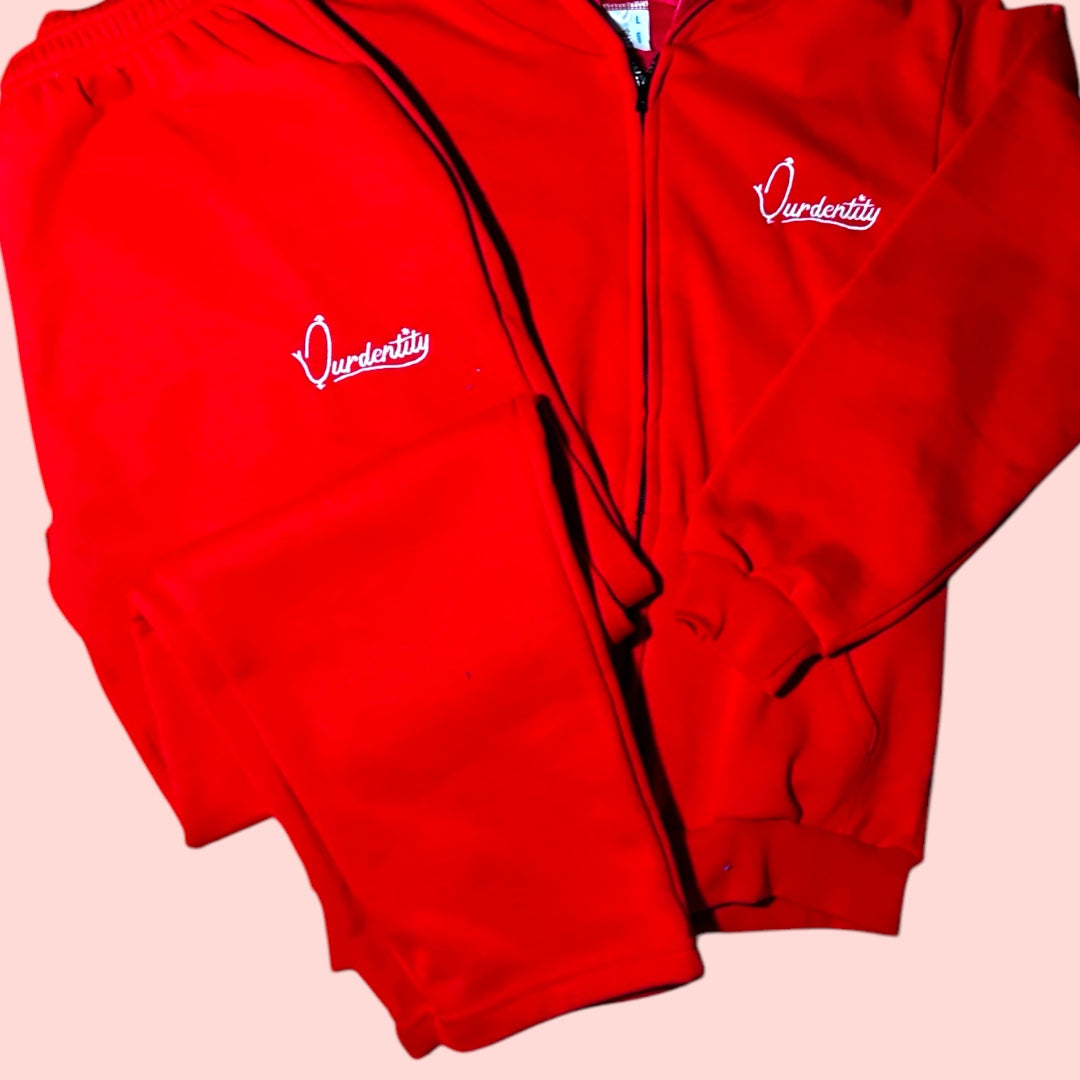 Red Zip Tracksuit with Satin Lined Hood and Open Ankle Bottoms