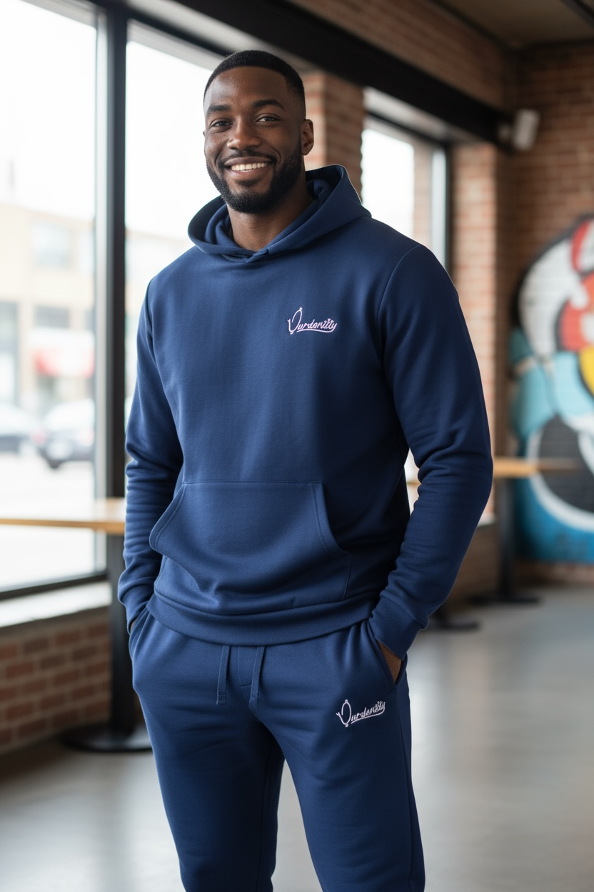 Navy Blue Overhead Tracksuit with Satin Lined Hood and Open Ankle Bottoms