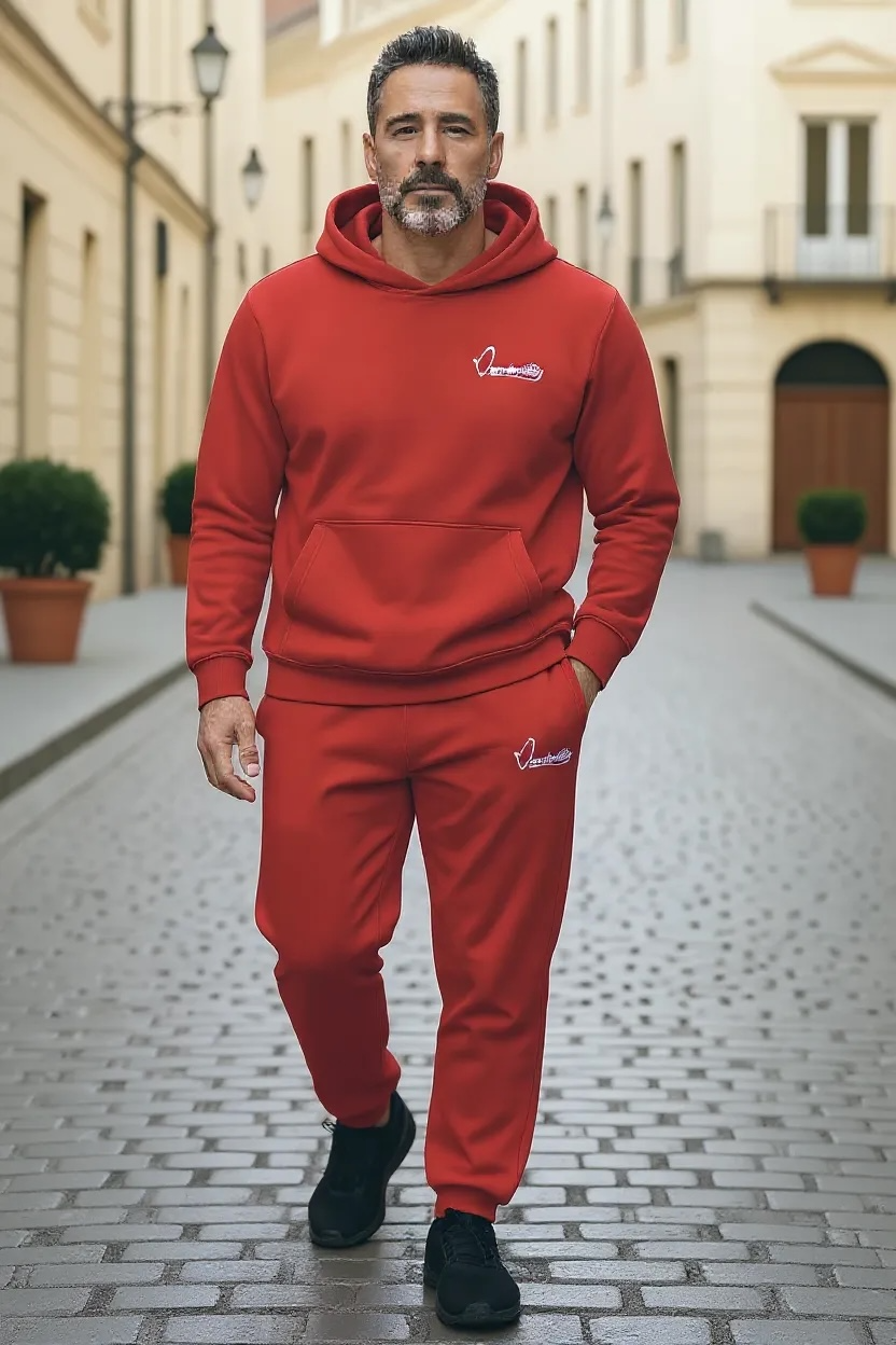 Red Overhead Tracksuit with Satin Lined Hood and Cuffed Bottoms