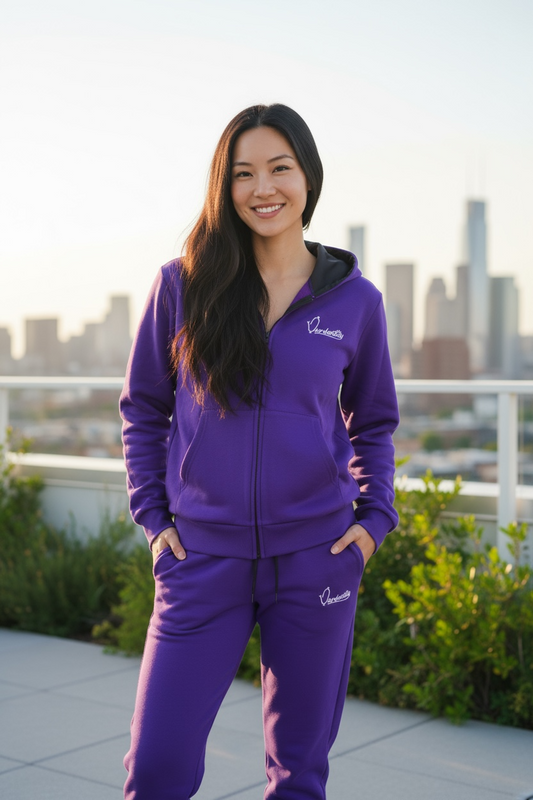Purple Zip Tracksuit with Satin Lined Hood and Open Ankle Bottoms
