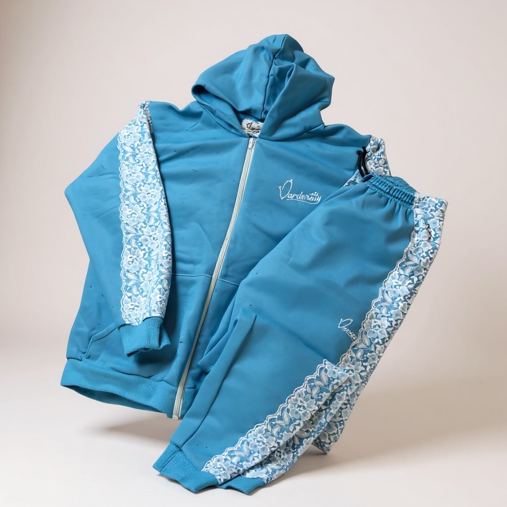 Sky Blue Tracksuit with Lace Detailing and Satin Lined Hood