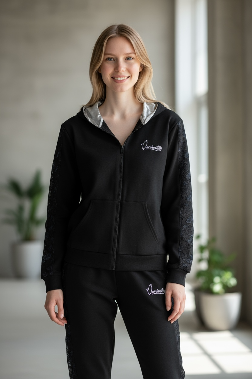 Black Tracksuit with Lace Detailing and Satin Lined Hood
