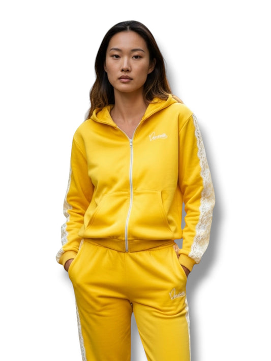Yellow Tracksuit with Lace Detailing and our Signature Satin Lined Hood
