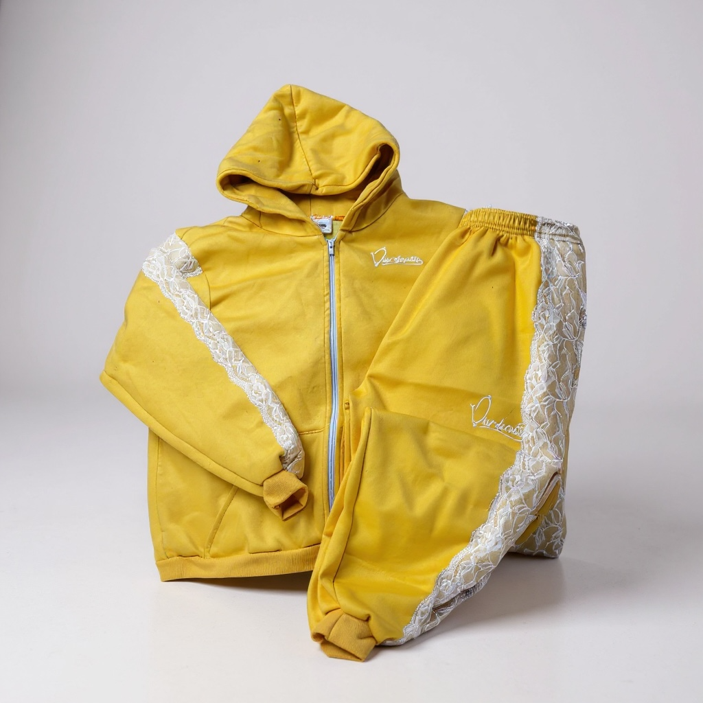 Yellow Tracksuit with Lace Detailing and Satin Lined Hood