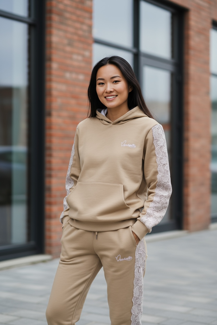 Caramel Tracksuit with Lace Detailing and Satin Lined Hood