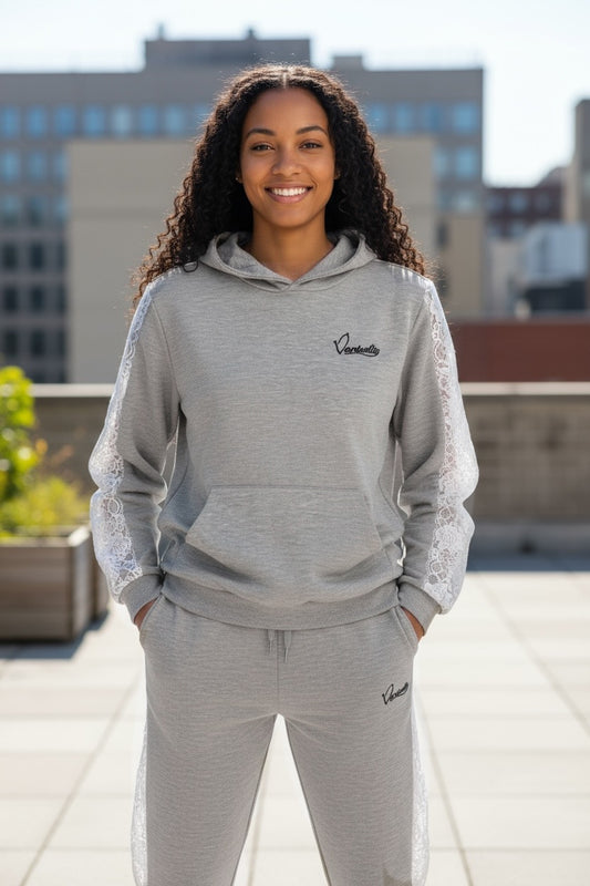Silver Grey Tracksuit with Lace Detailing and Satin Lined Hood