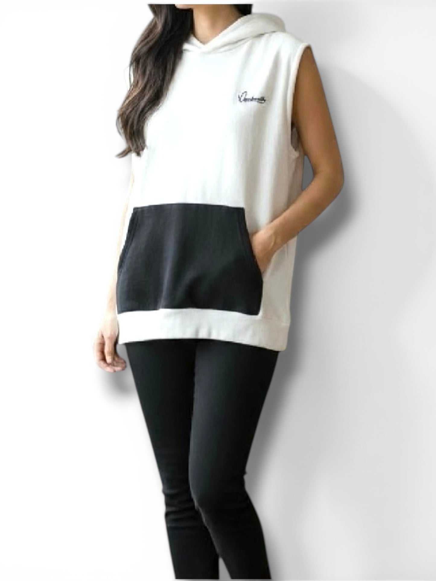 White and Black Signature Sleeveless Hoodie