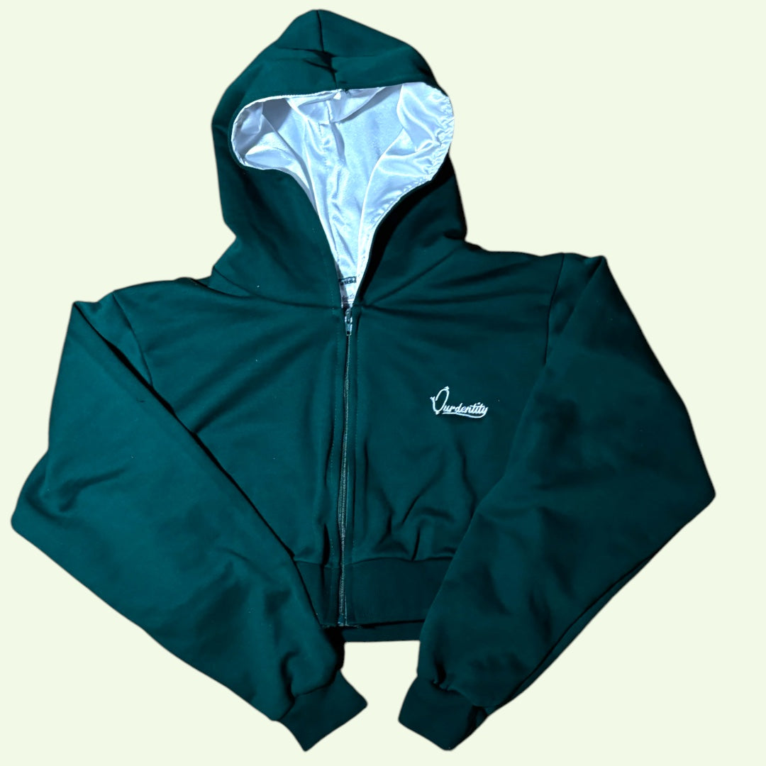 Foret Green Crop Zip Hoodie