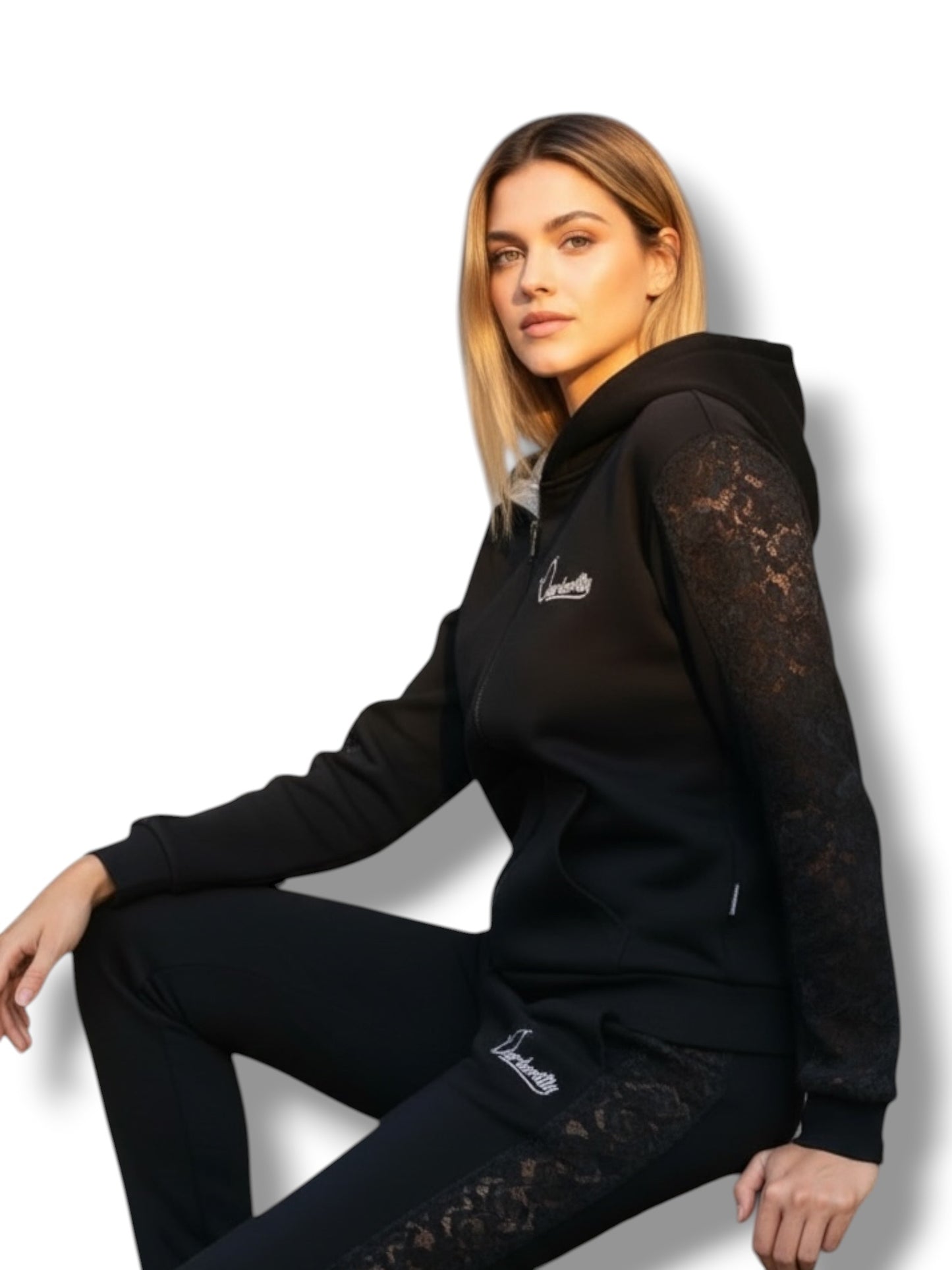 Black Tracksuit with Lace Detailing and Signature Satin Lined Hood