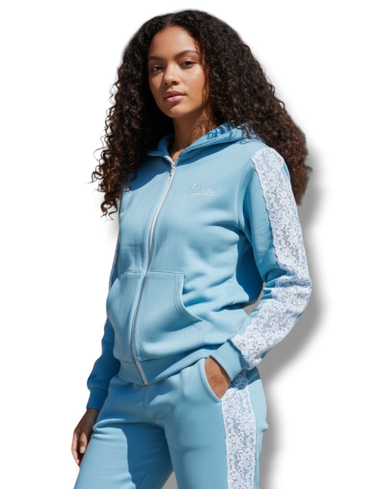 Sky Blue Tracksuit with Lace Detailing and our Signature Satin Lined Hood